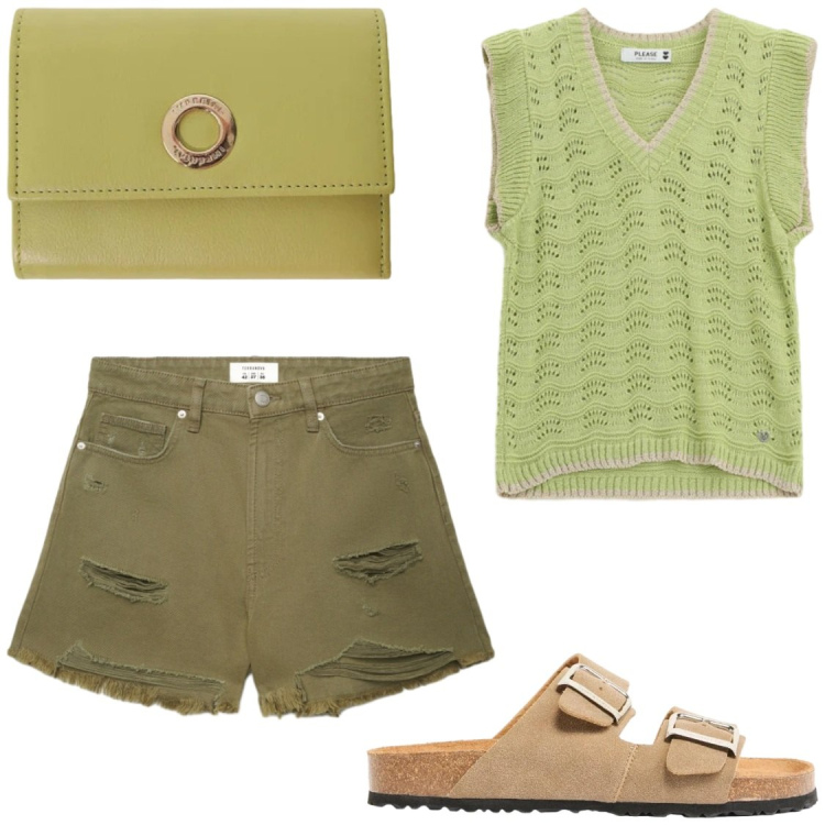 Outfit donna - Il Look per la tua Estate. Stile Basic per Tutti i giorni. Abbinamento con ciabatte, shorts, top, portafogli.