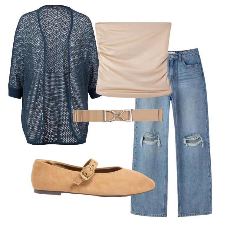 Outfit donna - Total look #2390283. Stile Basic per Tutti i giorni. Abbinamento con cardigans, ballerine, jeans strappati, cinture, top.
