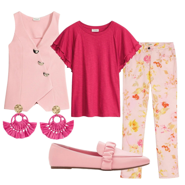 Outfit donna - Total look #2390284. Stile Romantica per Ufficio. Abbinamento con blazer, mocassini, orecchini, t-shirt, pantaloni.