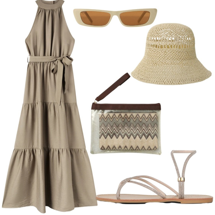 Outfit donna - ​"Chic Vacanziero: Dal Giorno alla Sera". Stile Chic per Serata fuori. Abbinamento con sandali, pochette, vestiti lunghi, occhiali da sole, cappelli.