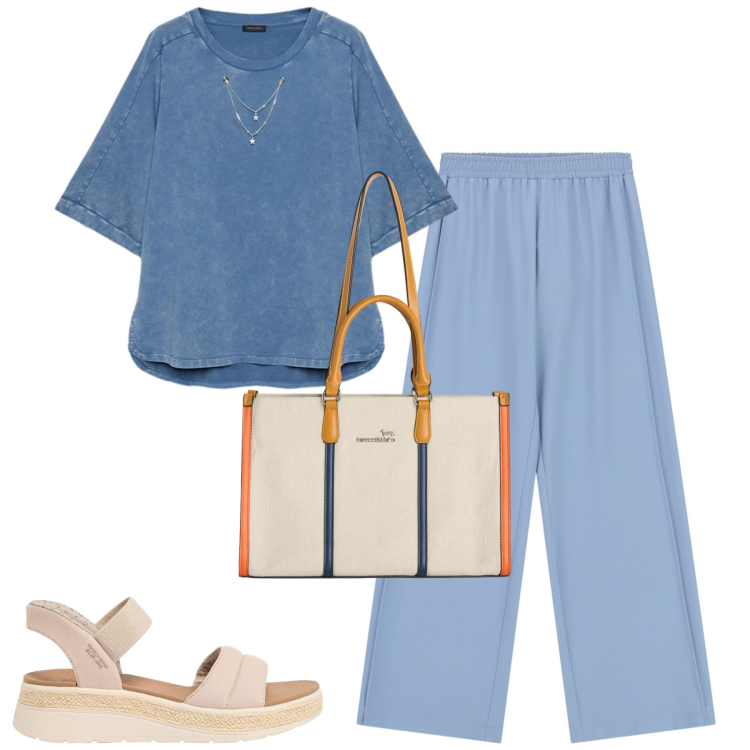 Outfit donna - City. Stile Urban per Tutti i giorni. Abbinamento con sandali, felpe, borse tote, pantaloni a palazzo.