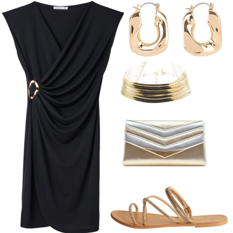Outfit donna - L\'eleganza senza tempo del nero. Stile Chic per Serata fuori. Abbinamento con orecchini, sandali, vestiti corti, pochette, braccialetti.