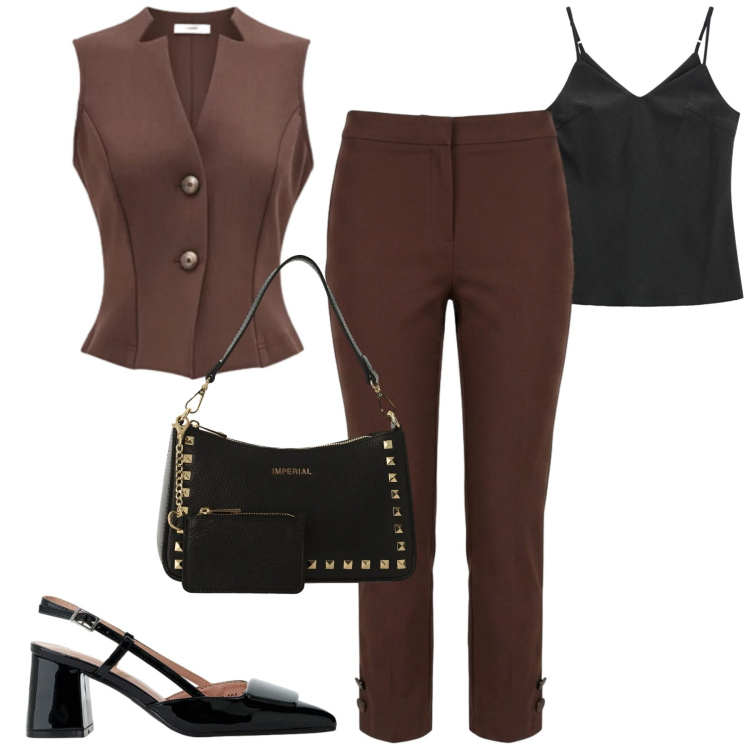 Outfit donna - City. Stile Casual chic per Tutti i giorni. Abbinamento con borse a spalla, canottiere, décolleté, gilet, pantaloni.