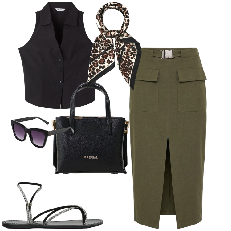 Outfit donna - City. Stile Urban per Tutti i giorni. Abbinamento con occhiali da sole, foulard, sandali, top, gonne longuette, borse a tracolla.