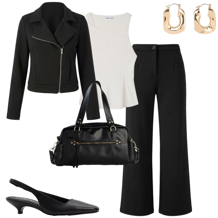 Outfit donna - City. Stile Urban per Tutti i giorni. Abbinamento con orecchini, borse a mano, décolleté, giacche, pantaloni, canottiere.