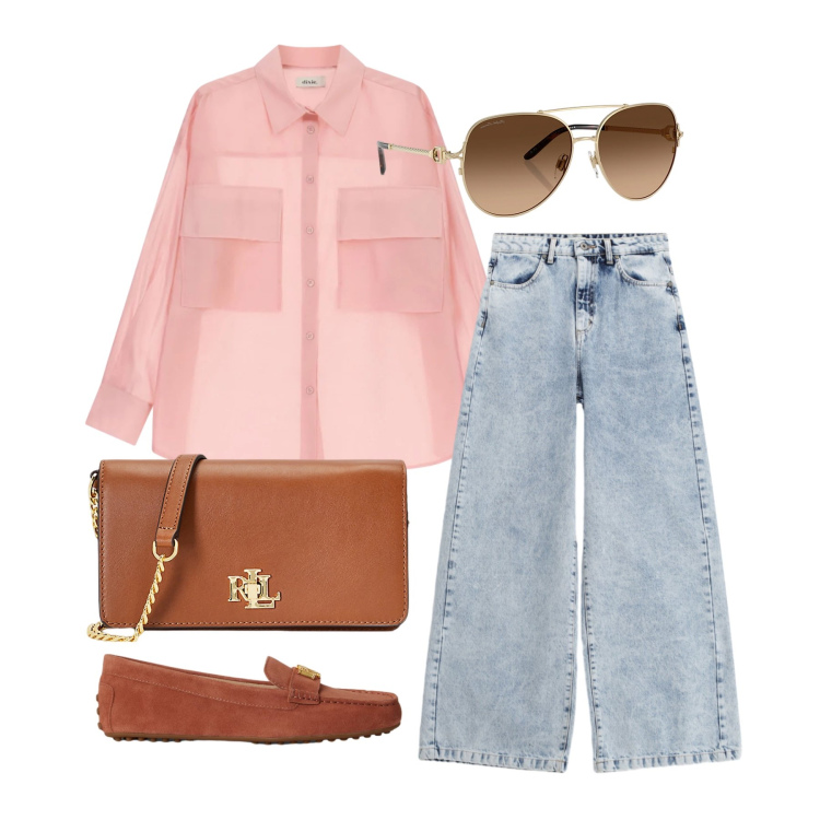 Outfit donna - Aprile. Stile Casual per Tutti i giorni. Abbinamento con jeans, camicie, occhiali da sole, mocassini, borse a mano.