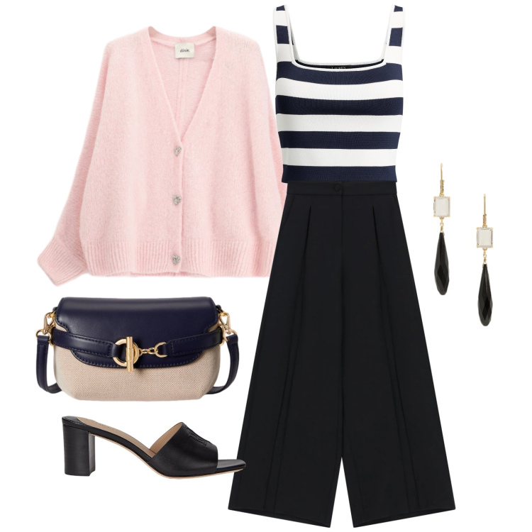 Outfit donna - Aprile. Stile Casual chic per Tutti i giorni. Abbinamento con pantaloni a palazzo, cardigans, top, sandali in pelle, orecchini, borse a tracolla.