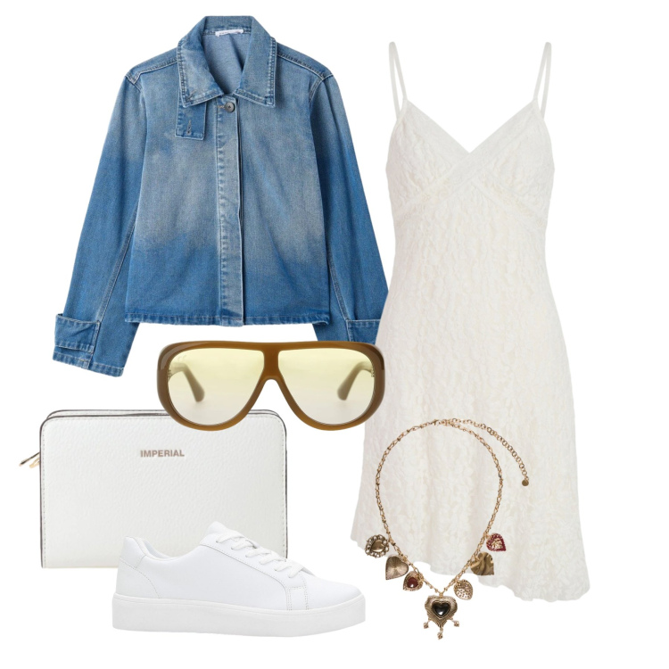 Outfit donna - Aprile. Stile Trendy per Tutti i giorni. Abbinamento con sneakers, vestiti corti, cappotti, occhiali da sole, borse a tracolla, collane.