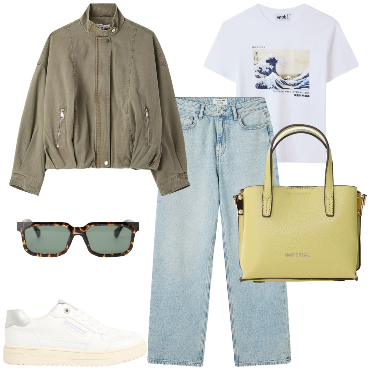 Outfit donna - Total look #2390297. Stile Casual chic per Tutti i giorni. Abbinamento con sneakers, jeans, t-shirt, bomber, occhiali da sole, borse a tracolla.