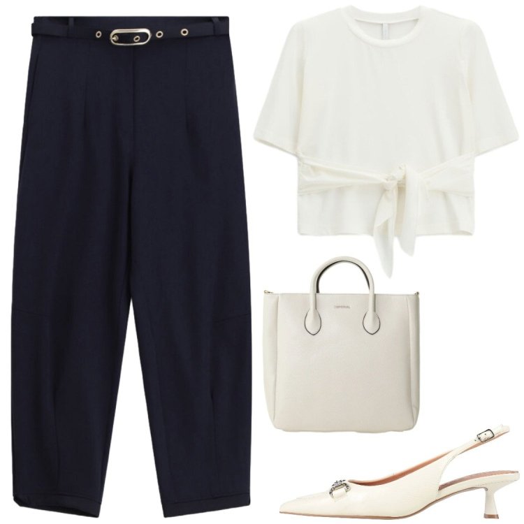 Outfit donna - Blu e panna per ufficio. Stile Bon Ton per Ufficio. Abbinamento con décolleté, pantaloni, t-shirt, borse a tracolla.