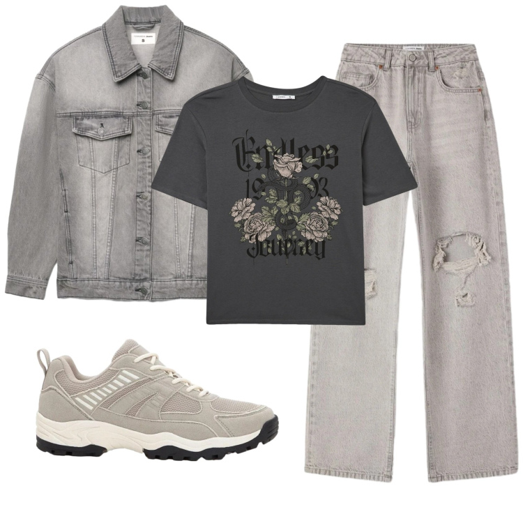Outfit donna - Total look #2390307. Stile Casual per Tutti i giorni. Abbinamento con sneakers, t-shirt, cappotti, jeans strappati.