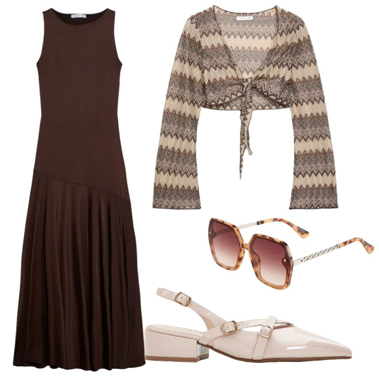 Outfit donna - "Chocolate Sunset: Eleganza Boho-Chic. Stile Boho per Serata fuori. Abbinamento con décolleté, occhiali da sole, vestiti lunghi, blazer.