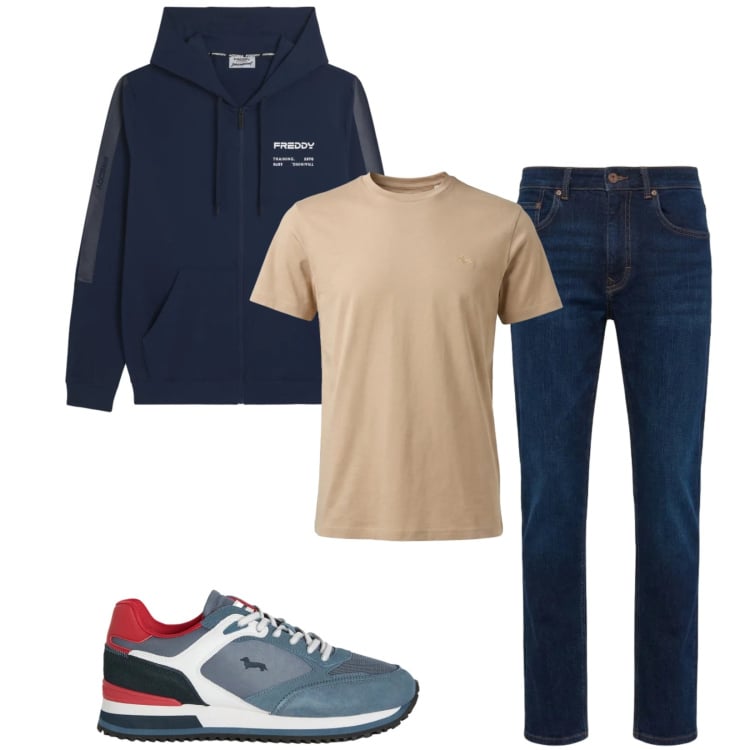 Outfit uomo - Total look #2390480. Stile Urban per Tutti i giorni. Abbinamento con t-shirt, jeans, sneakers, felpe con cappuccio.