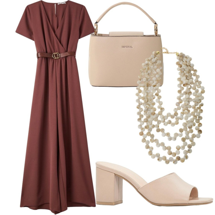 Outfit donna - Tempo Libero Chic. Stile Chic per Serata fuori. Abbinamento con sandali col tacco, vestiti lunghi, borse a secchiello, collane.