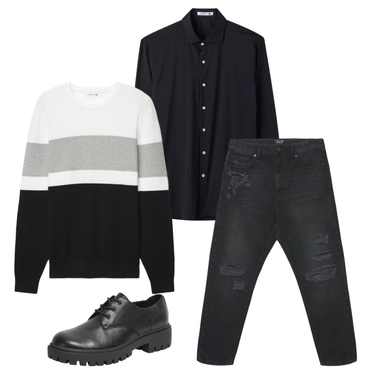 Outfit uomo - Total look #2390485. Stile Trendy per Serata speciale. Abbinamento con scarpe stringate, jeans strappati, maglieria, camicie.