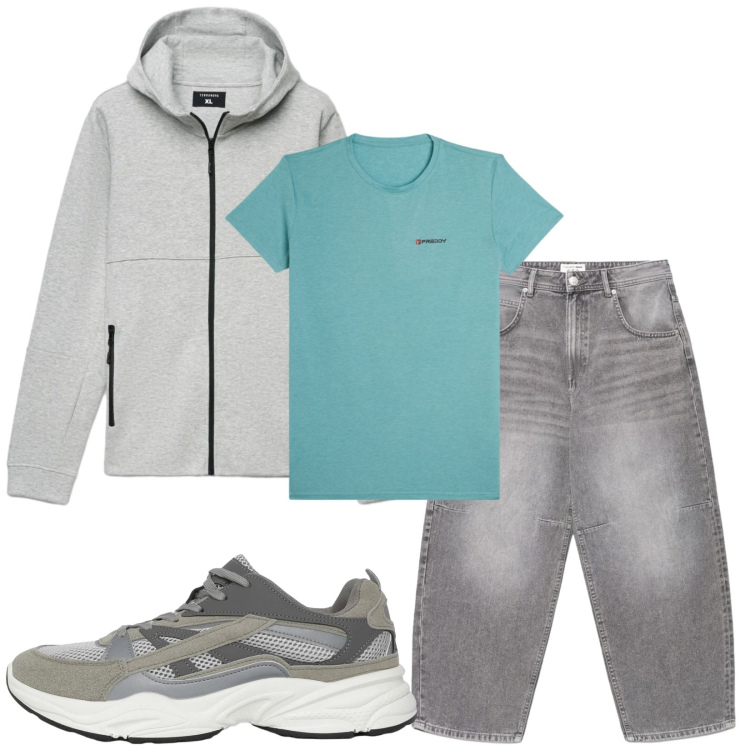 Outfit uomo - Total look #2390512. Stile Trendy per Tutti i giorni. Abbinamento con sneakers, felpe con cappuccio, jeans, t-shirt.