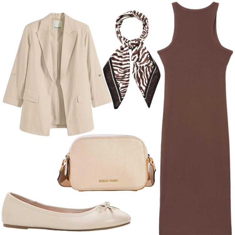Outfit donna - Urban Safari. Stile Chic per Serata fuori. Abbinamento con ballerine, blazer, borse a tracolla, foulard, vestiti lunghi.