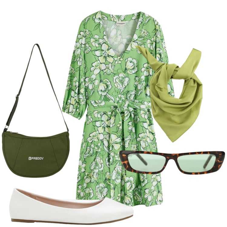 Outfit donna - Esco con Freddy. Stile Romantica per Tutti i giorni. Abbinamento con vestiti, ballerine, occhiali da sole, foulard, borse a spalla.