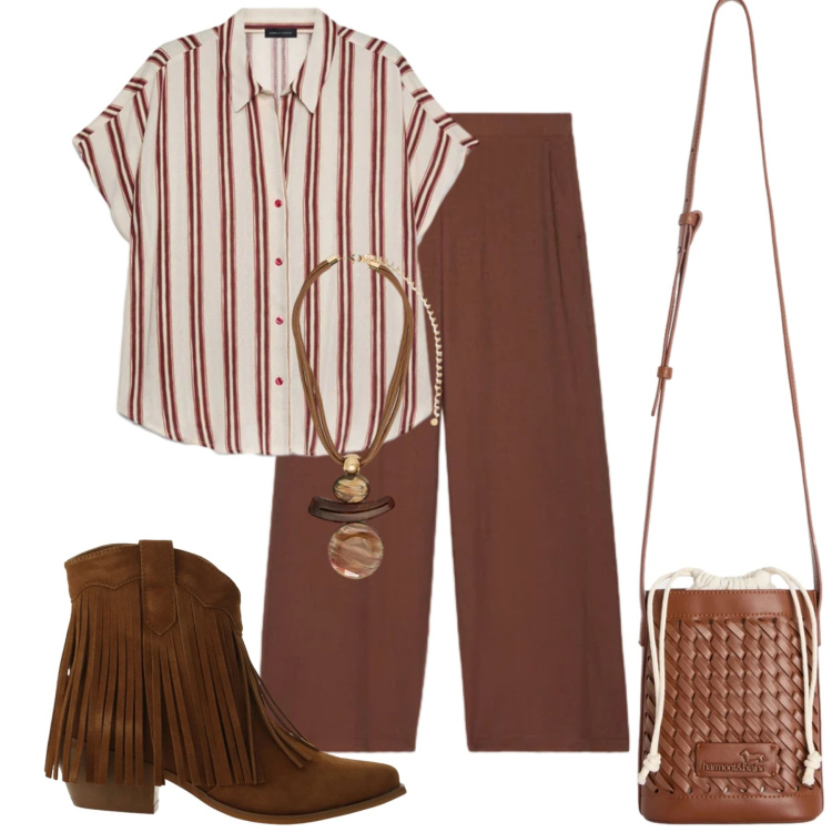 Outfit donna - Massima libertà. Stile Etnico per Tutti i giorni. Abbinamento con stivaletti texani, camicie a manica corta, pantaloni, ciondoli, borse a secchiello.