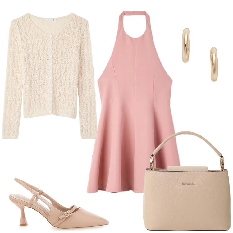 Outfit donna - Total look #2390522. Stile Glamour per Tutti i giorni. Abbinamento con cardigans, vestiti corti, borse a secchiello, orecchini, décolleté.