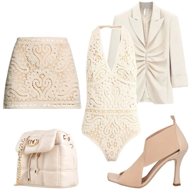 Outfit donna - Uno stile particolare. Stile Sexy per Serata fuori. Abbinamento con body, sandali in pelle, minigonne, valigie, blazer.