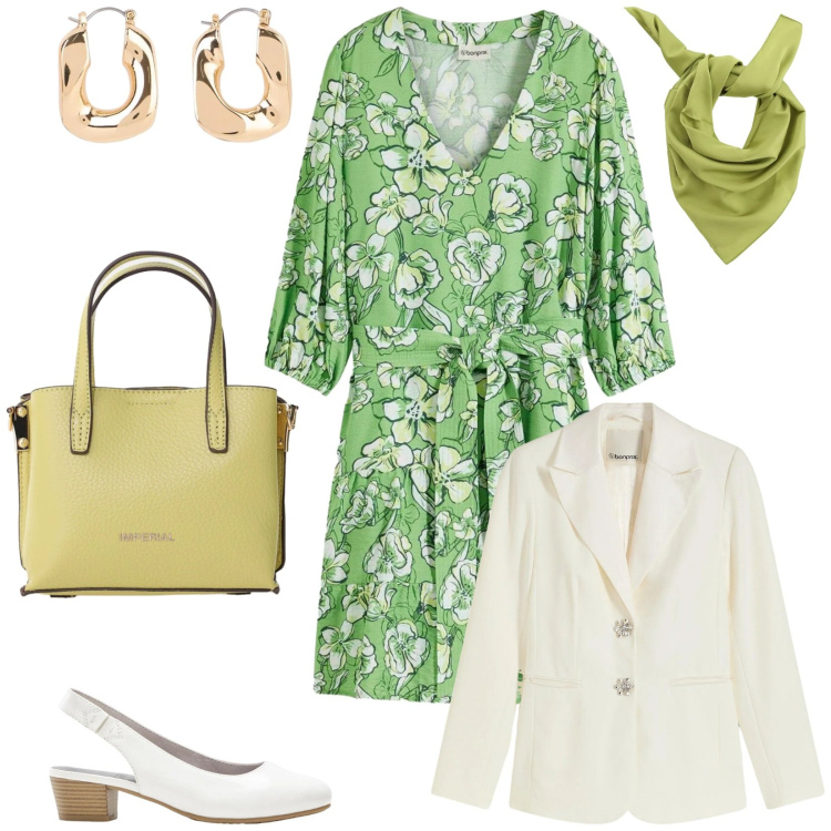 Outfit donna - Total look #2390526. Stile Bon Ton per Ufficio. Abbinamento con vestiti, décolleté, blazer, orecchini, borse a tracolla, foulard.