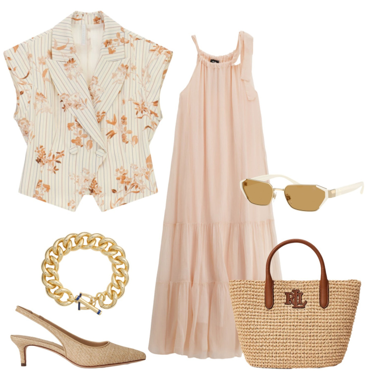 Outfit donna - Total look #2390527. Stile Glamour per Tutti i giorni. Abbinamento con gilet, vestiti lunghi, braccialetti, décolleté, occhiali da sole, borse tote.