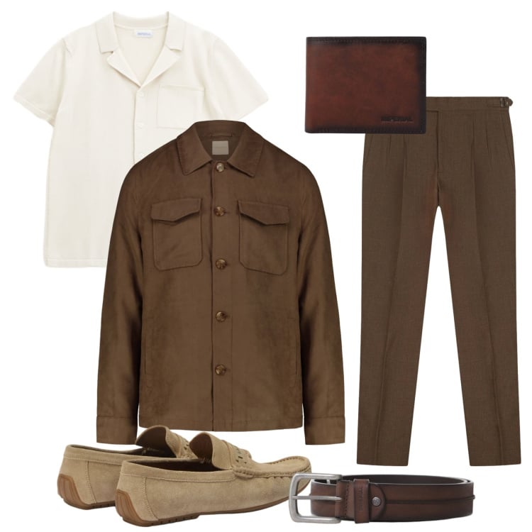 Outfit uomo - Total look #2390528. Stile Casual per Tutti i giorni. Abbinamento con scarpe stringate, camicie a manica corta, cinture, portafogli, cappotti, pantaloni.