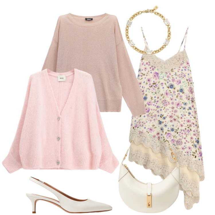 Outfit donna - Total look #2390529. Stile Casual chic per Tutti i giorni. Abbinamento con vestiti midi/longuette, cardigans, maglieria, décolleté, borse a spalla, braccialetti.