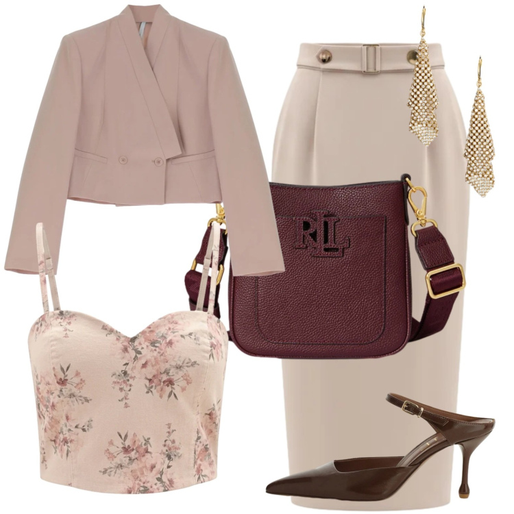 Outfit donna - Elegant peach. Stile Chic per Serata fuori. Abbinamento con blazer, gonne longuette, canottiere, décolleté, orecchini, borse a tracolla.