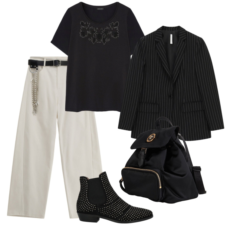 Outfit donna - Esame all\'università. Stile Glamour per Scuola/Università. Abbinamento con stivaletti chelsea, zaini, pantaloni a palazzo, blazer, t-shirt.
