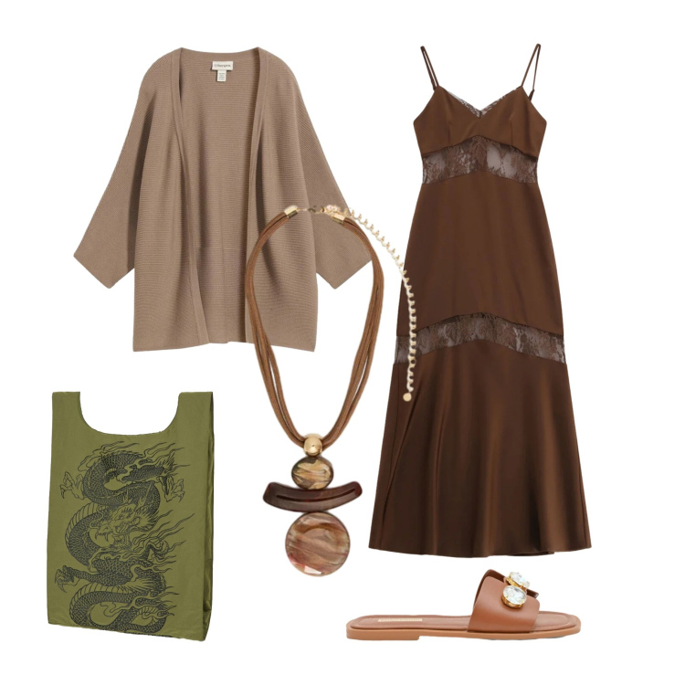Outfit donna - Informale , ma raffinata.. Stile Casual chic per Tutti i giorni. Abbinamento con cardigans, vestiti lunghi, sandali gioiello, ciondoli, shopping bag.