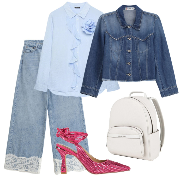 Outfit donna - Total look #2390534. Stile Casual chic per Scuola/Università. Abbinamento con zaini, décolleté, camicie, jeans, blazer.