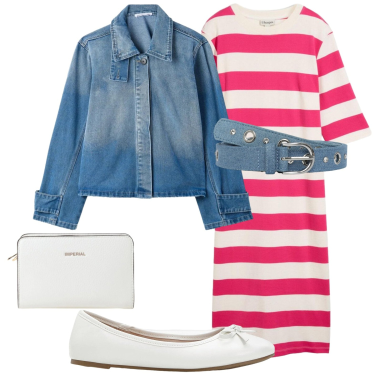 Outfit donna - Abito a righe. Stile Casual per Tutti i giorni. Abbinamento con ballerine, vestiti, cinture, cappotti, borse a tracolla.