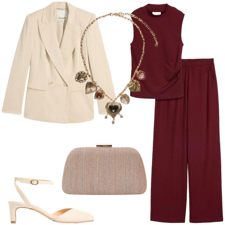 Outfit donna - Mixando bordeau & ecru\'. Stile Chic per Cerimonia. Abbinamento con tute, blazer, décolleté, collane, pochette.