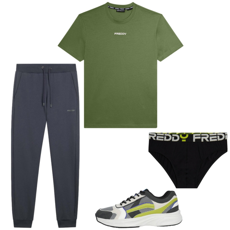 Outfit uomo - 100% freddy. Stile Casual per Sport. Abbinamento con sneakers, pantaloni, t-shirt, slip.