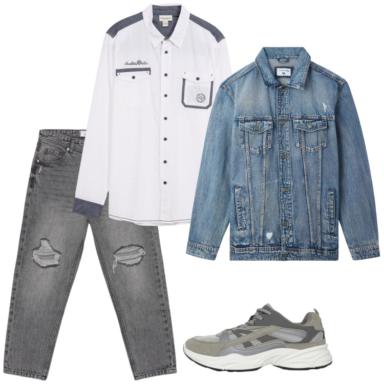 Outfit uomo - Young style. Stile Trendy per Serata speciale. Abbinamento con camicie, giacche, sneakers, jeans strappati.