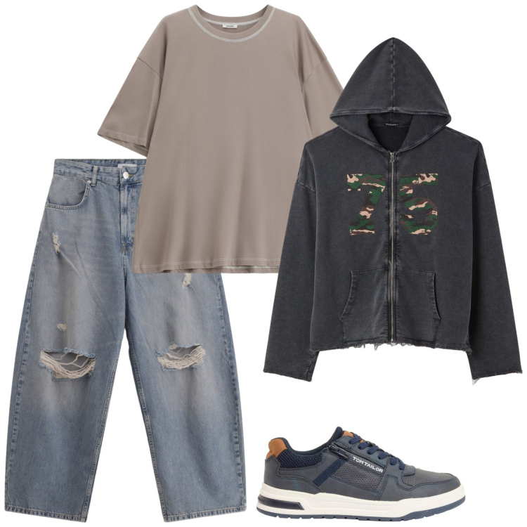Outfit uomo - Urban trendy. Stile Urban per Tutti i giorni. Abbinamento con sneakers, felpe con cappuccio, jeans strappati, t-shirt.