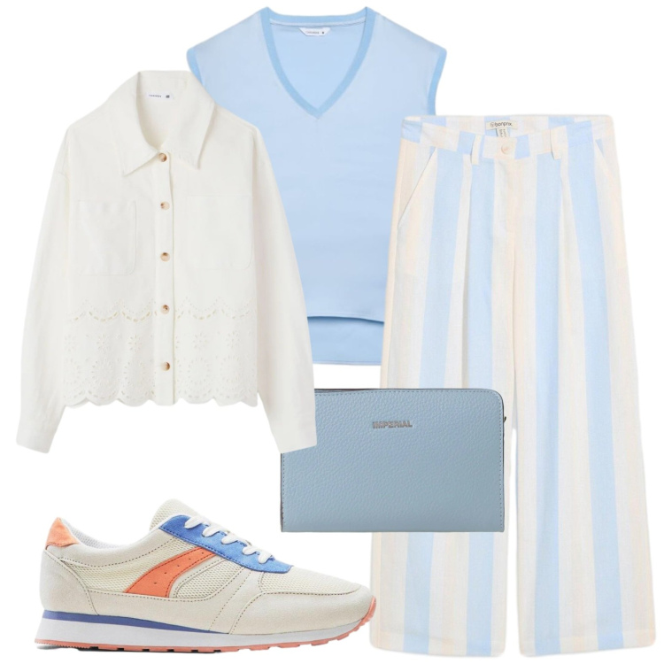 Outfit donna - City Total look. Stile Urban per Tutti i giorni. Abbinamento con sneakers, pantaloni a palazzo, top, cappotti, borse a tracolla.