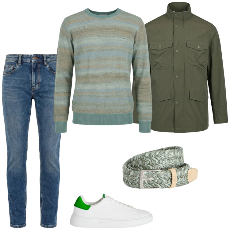 Outfit uomo - Total look #2390546. Stile Casual per Tutti i giorni. Abbinamento con pullovers, jeans slim fit, cinture, sneakers, giacche.