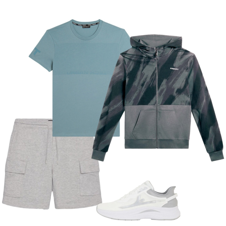 Outfit uomo - Sport in spring. Stile Casual per Sport. Abbinamento con bermuda, t-shirt, felpe con cappuccio, sneakers.