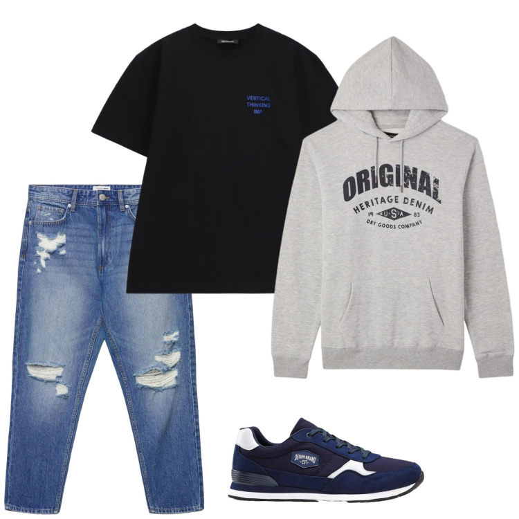 Outfit uomo - Young. Stile Casual per Tutti i giorni. Abbinamento con sneakers, jeans strappati, felpe con cappuccio, t-shirt.