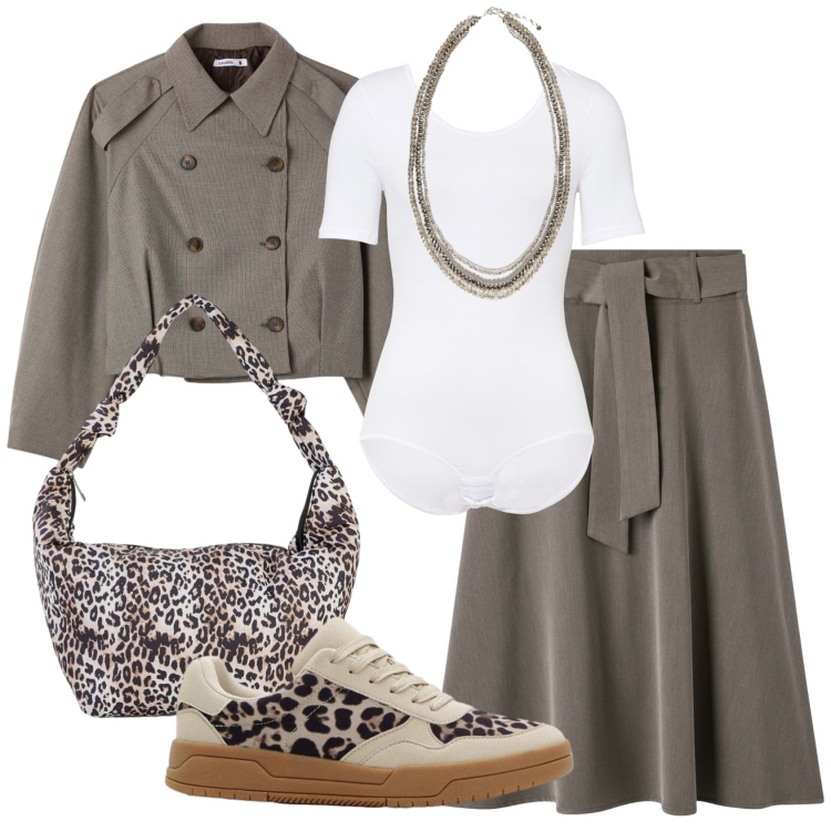 Outfit donna - Total look #2390553. Stile Casual chic per Ufficio. Abbinamento con body, sneakers, borse a tracolla, gonne lunghe, caban, collane.