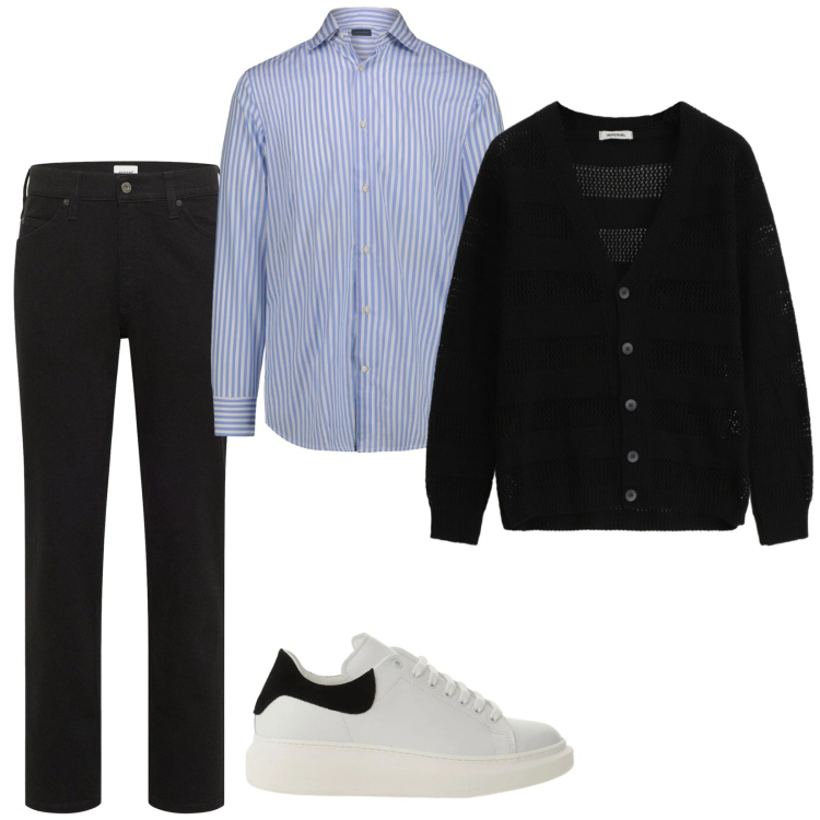 Outfit uomo - A good boy. Stile Casual per Tutti i giorni. Abbinamento con jeans dritti, cardigans, sneakers, camicie.