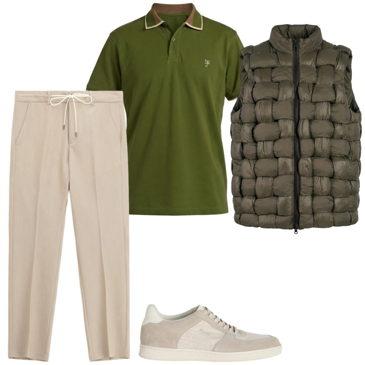 Outfit uomo - Moderno. Stile Trendy per Tutti i giorni. Abbinamento con pantaloni, sneakers, polo, gilet.