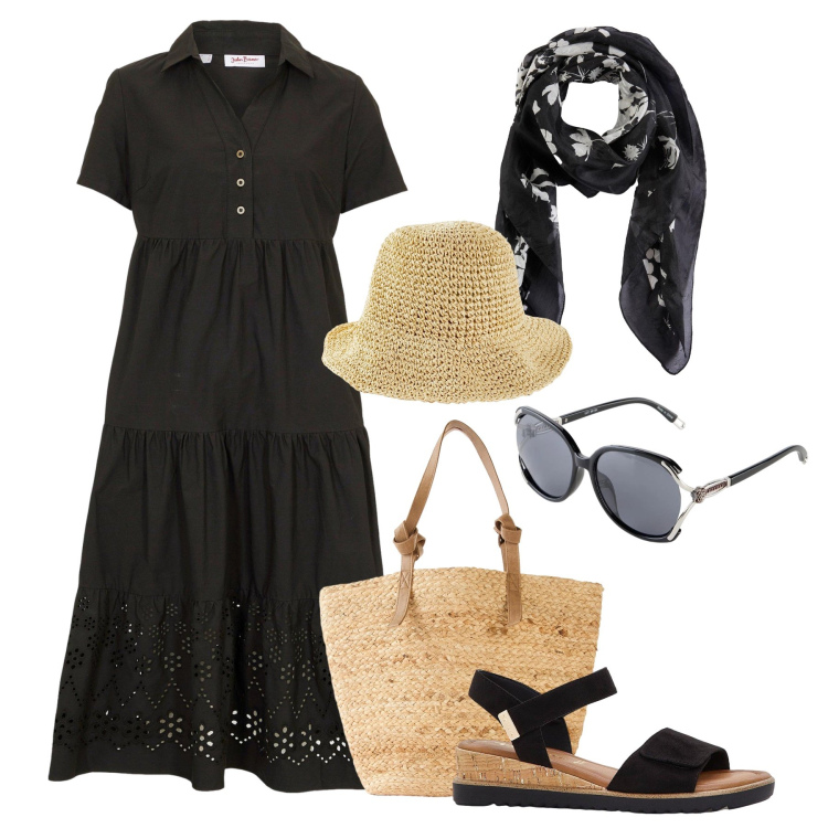 Outfit donna - Ricami e fiori. Stile Boho per Tutti i giorni. Abbinamento con vestiti, sandali, shopping bag, cappelli, foulard, occhiali da sole.