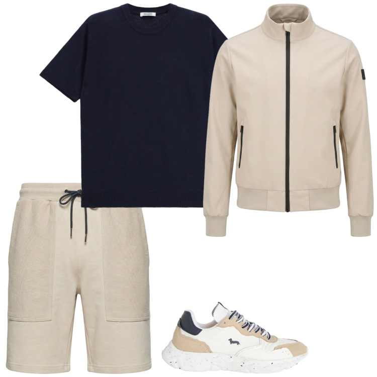 Outfit uomo - Dinamico. Stile Casual per Sport. Abbinamento con t-shirt, sneakers, pantaloni corti, bomber.