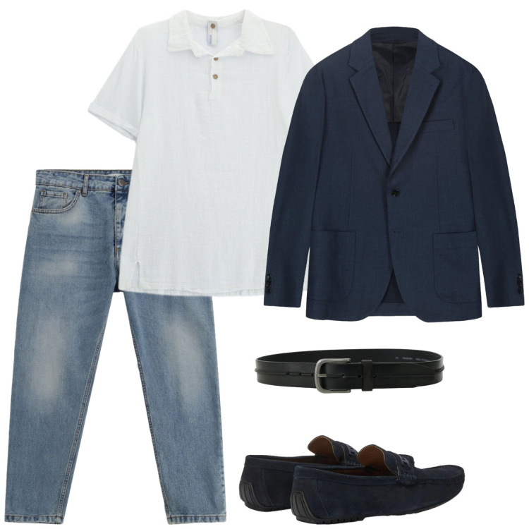 Outfit uomo - Jeans, giacca e polo. Stile Casual per Tutti i giorni. Abbinamento con jeans, polo, cinture, scarpe stringate, giacche.