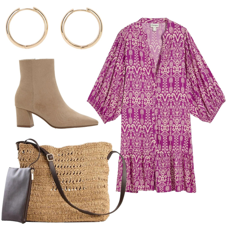 Outfit donna - bonprix - Boho Spring Vibes. Stile Boho per Tutti i giorni. Abbinamento con vestiti, stivaletti, borse a tracolla, orecchini.