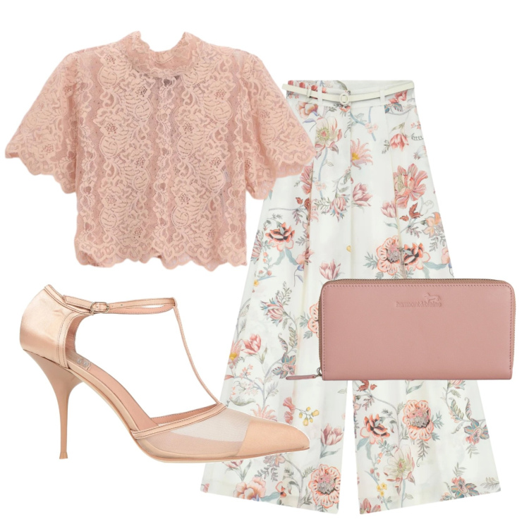 Outfit donna - Total look #2390568. Stile Romantica per Cerimonia. Abbinamento con décolleté, pantaloni a palazzo, top, portafogli.